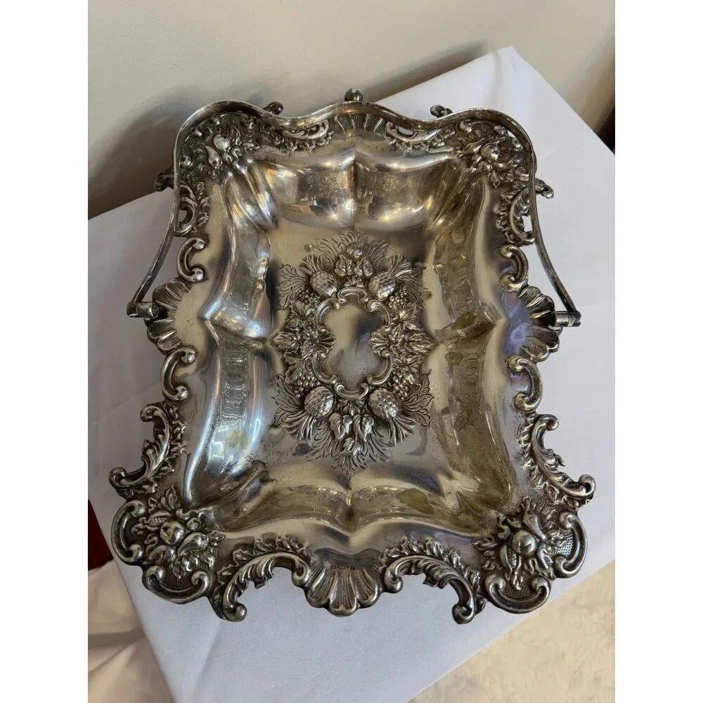 Antique Stunning Silver Plated Ornate Basket Repousse top handle must see